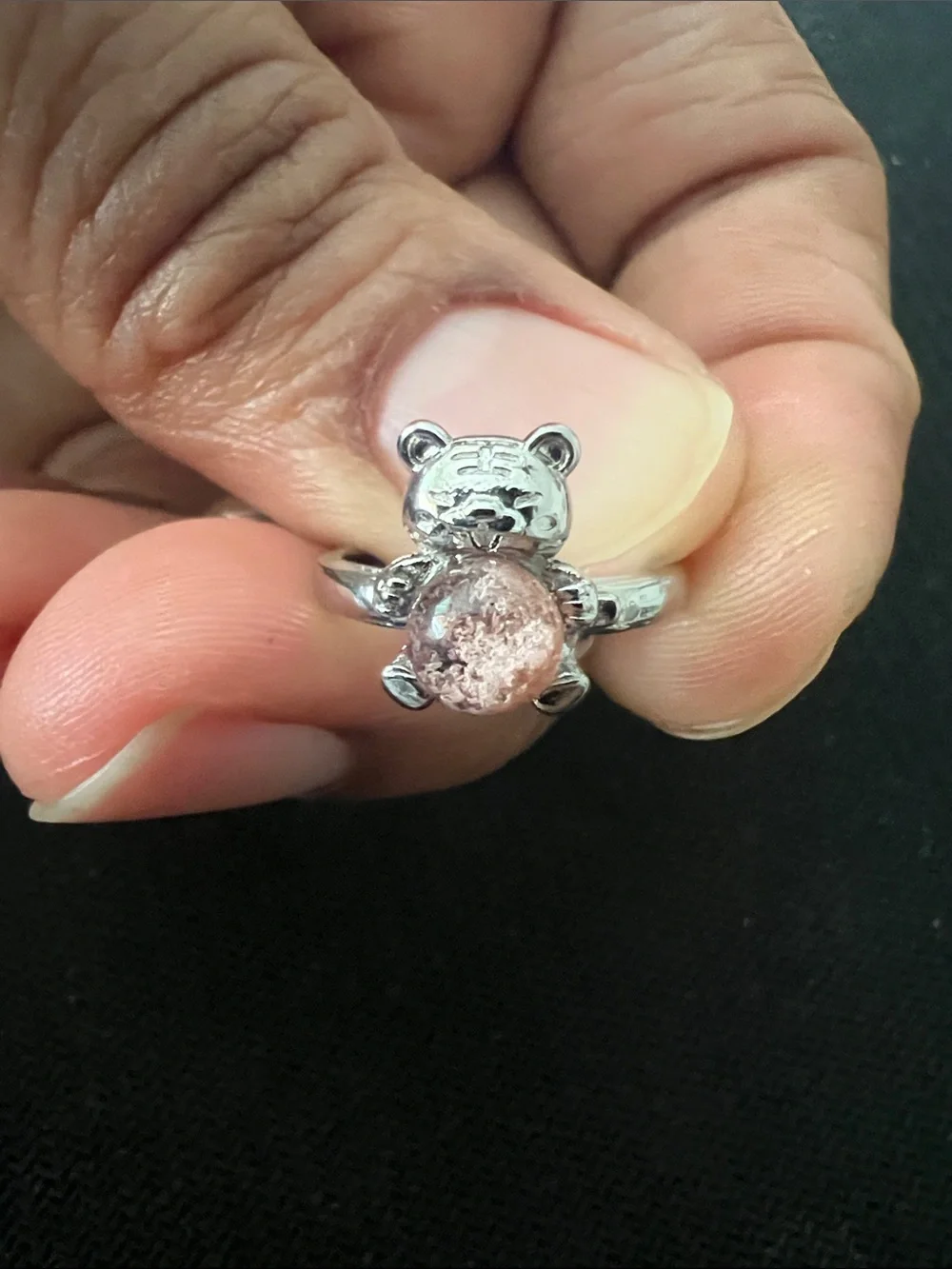 Adjustable Silver Teddy Bear Ring with Pink Stone